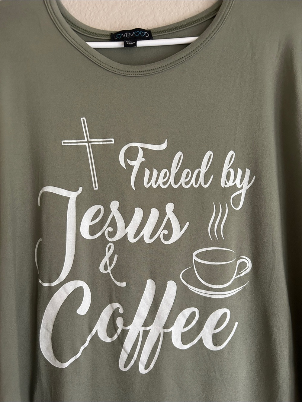 Love Olive Green Graphic Tee "Fueled by Jesus & Coffee"